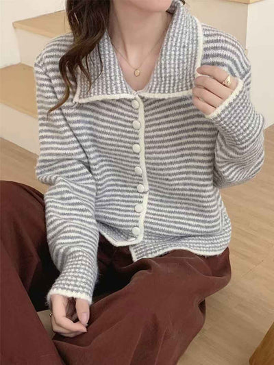Ava Simple Lapel Striped Knitted Cardigan