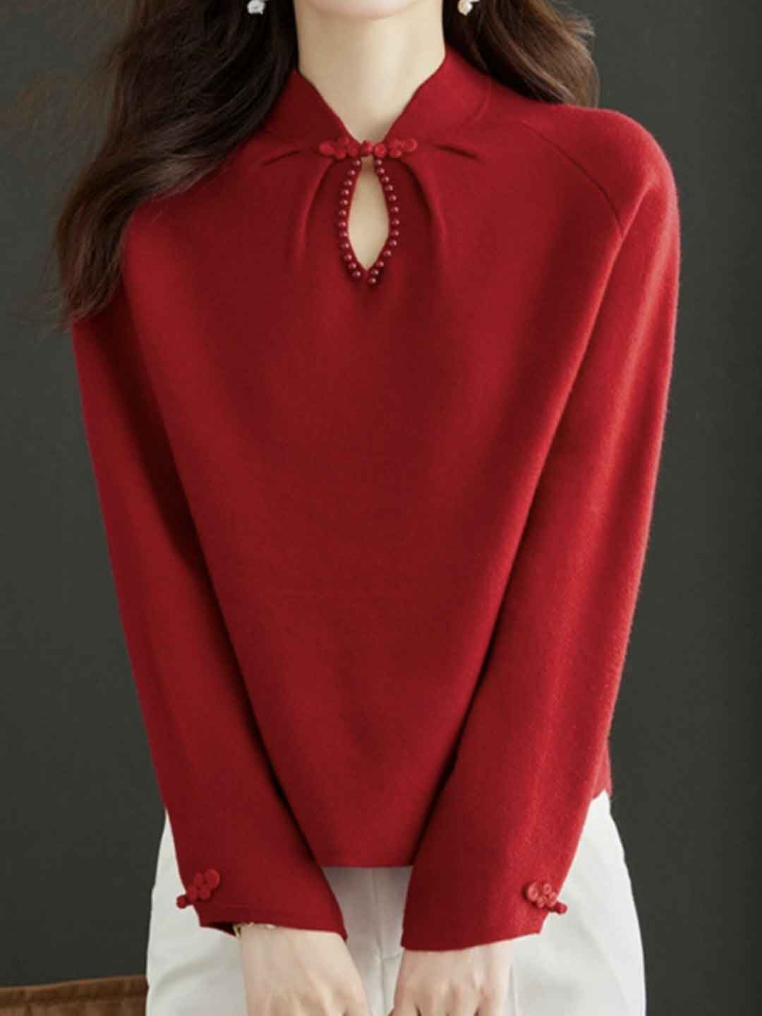 Abigail Loose Knot Buttons Solid Color Knitted Top