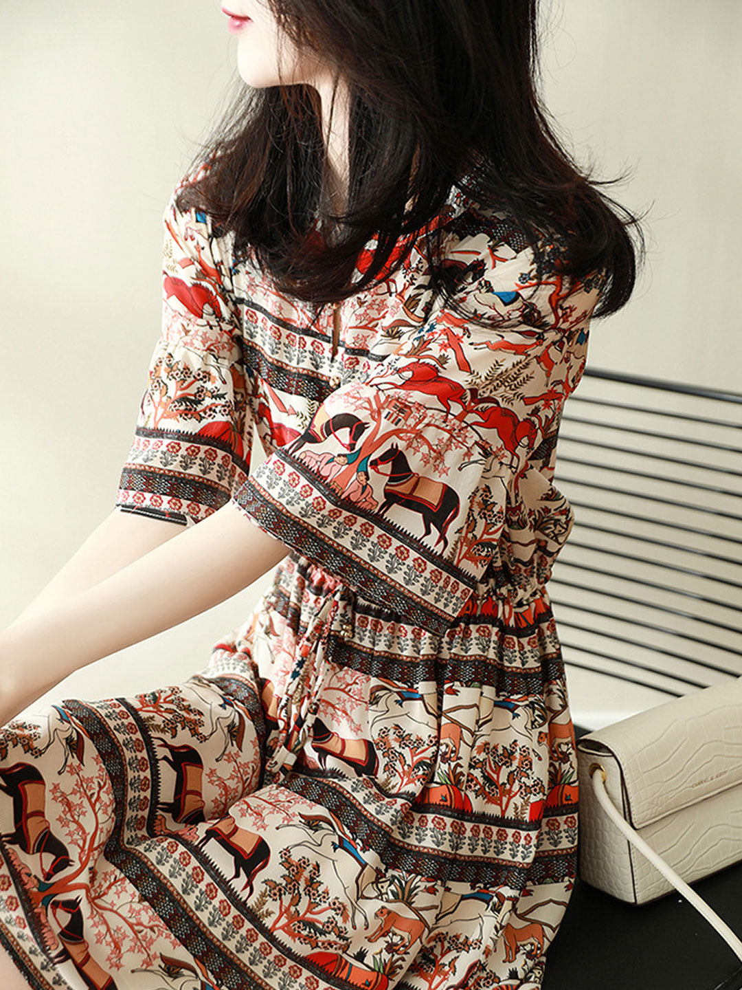 Lauren Elegant Flare Sleeve Printed Tie Dress