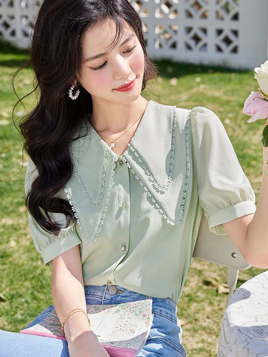 Mya Loose Double Layer Lace Collar Puff Sleeve Top