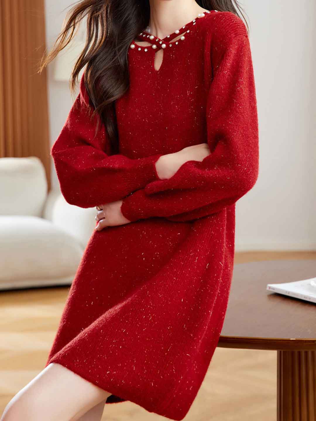 Hannah Elegant Crew Neck Beaded Knitted Sweater Dress – Roselili