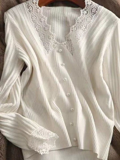 Victoria Elegant V-neck Hollowed Lace Knitted Top