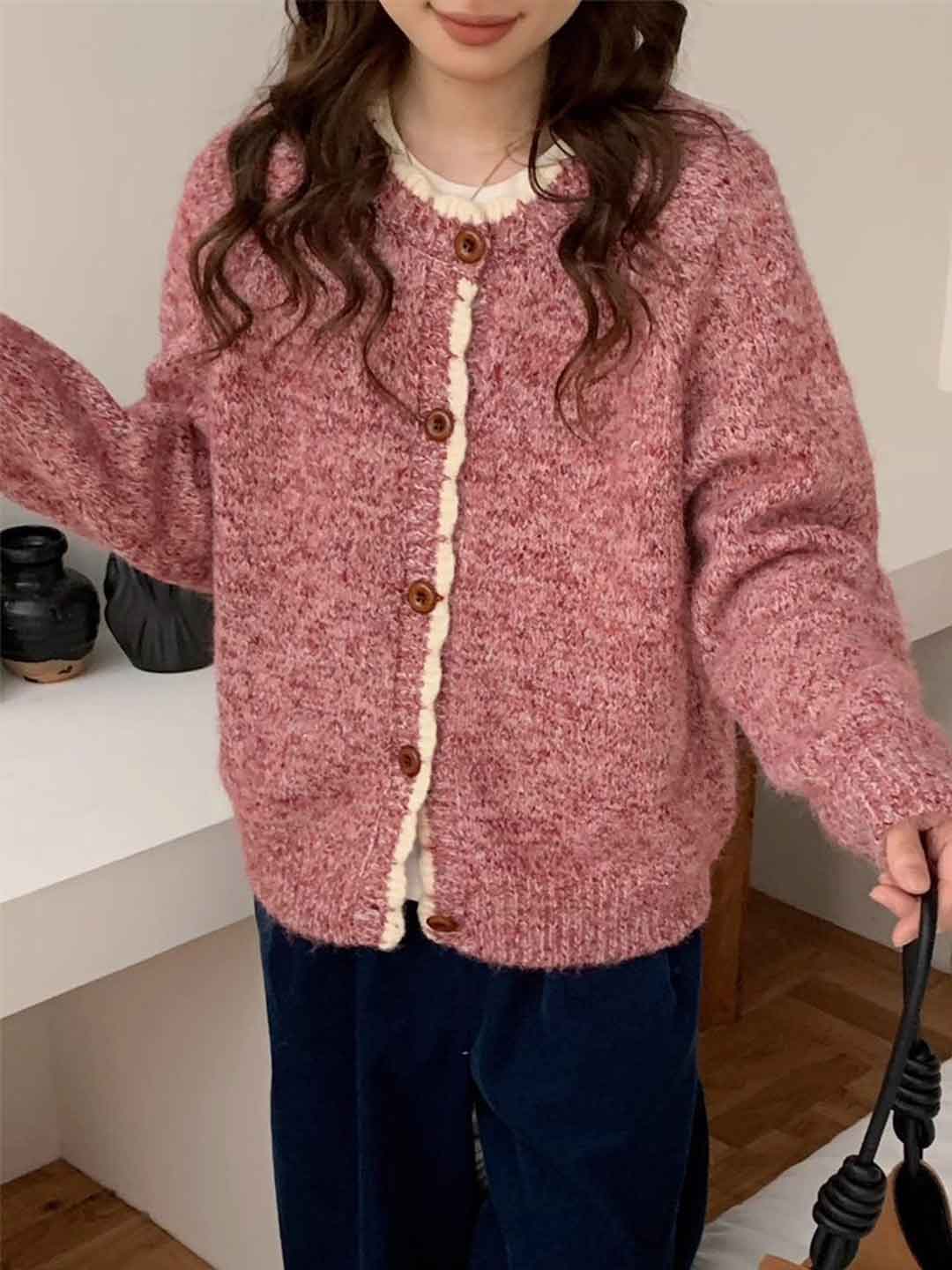 Emma Loose Crew Neck Colorblock Knitted Cardigan