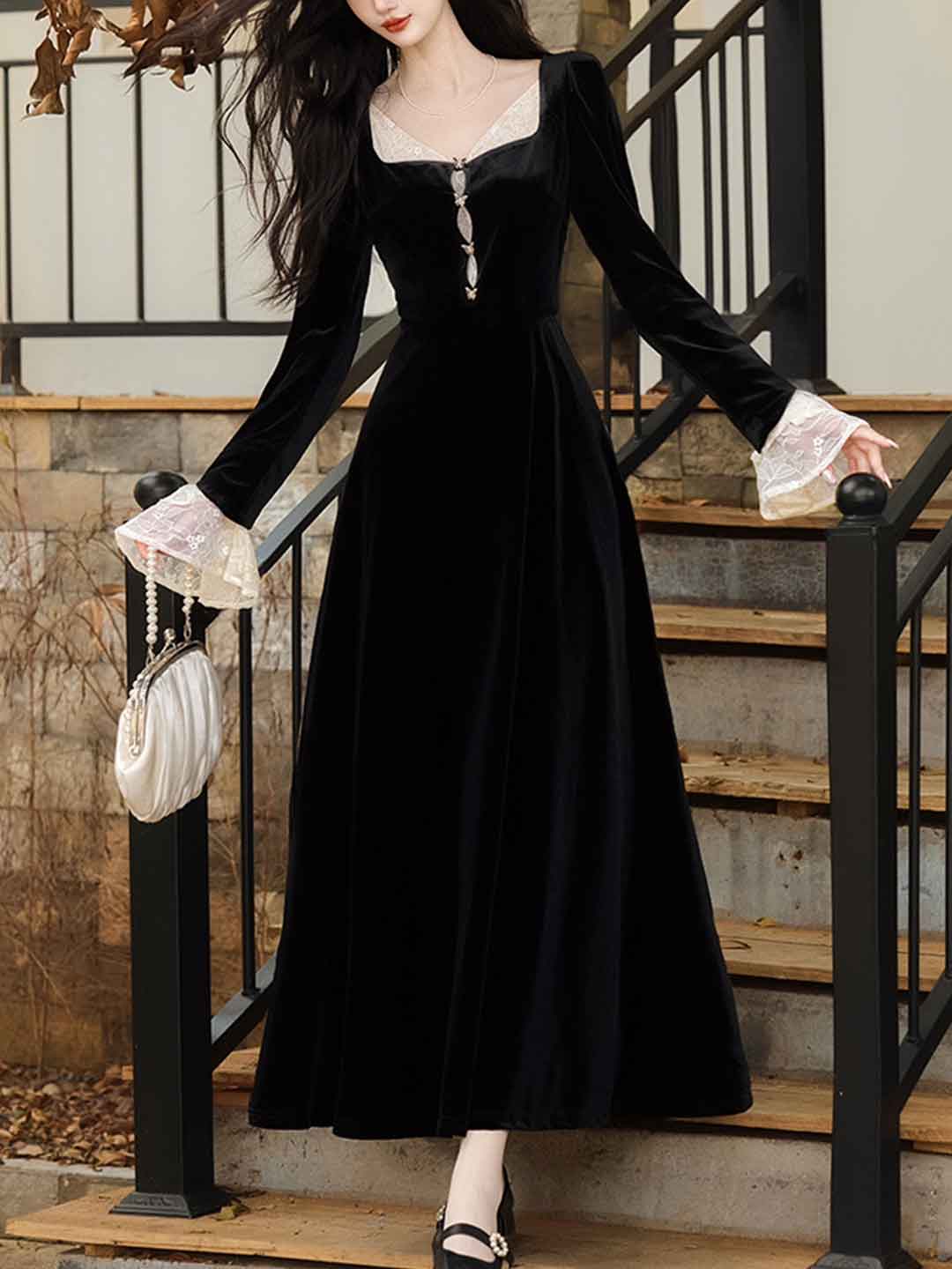 Anna Retro Square Neck Lace Sleeve Velvet Dress