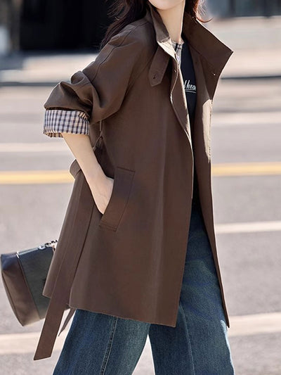 Emily Daily Suit Collar Belted Solid Color Trench Coat