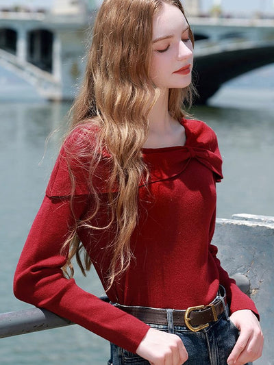 Brianna Off-Neck Bow Knitted Sweater