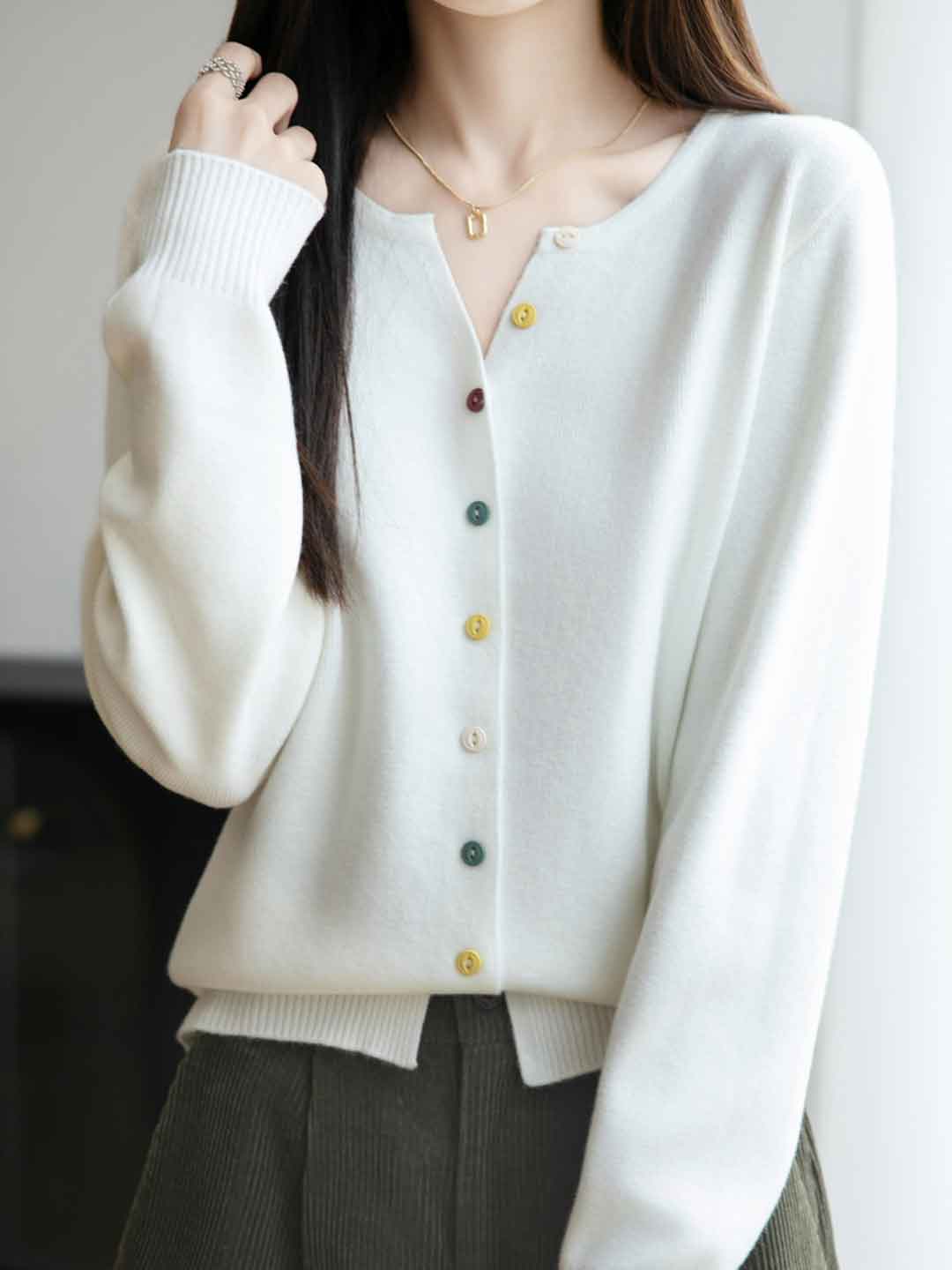 Andrea Classic Crew Neck Colorful Buttons Solid Color Knitted Cardigan