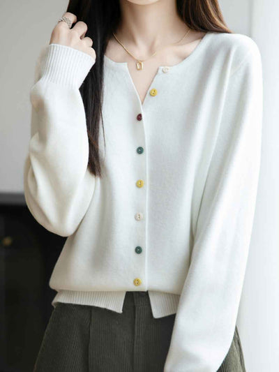 Andrea Classic Crew Neck Colorful Buttons Solid Color Knitted Cardigan
