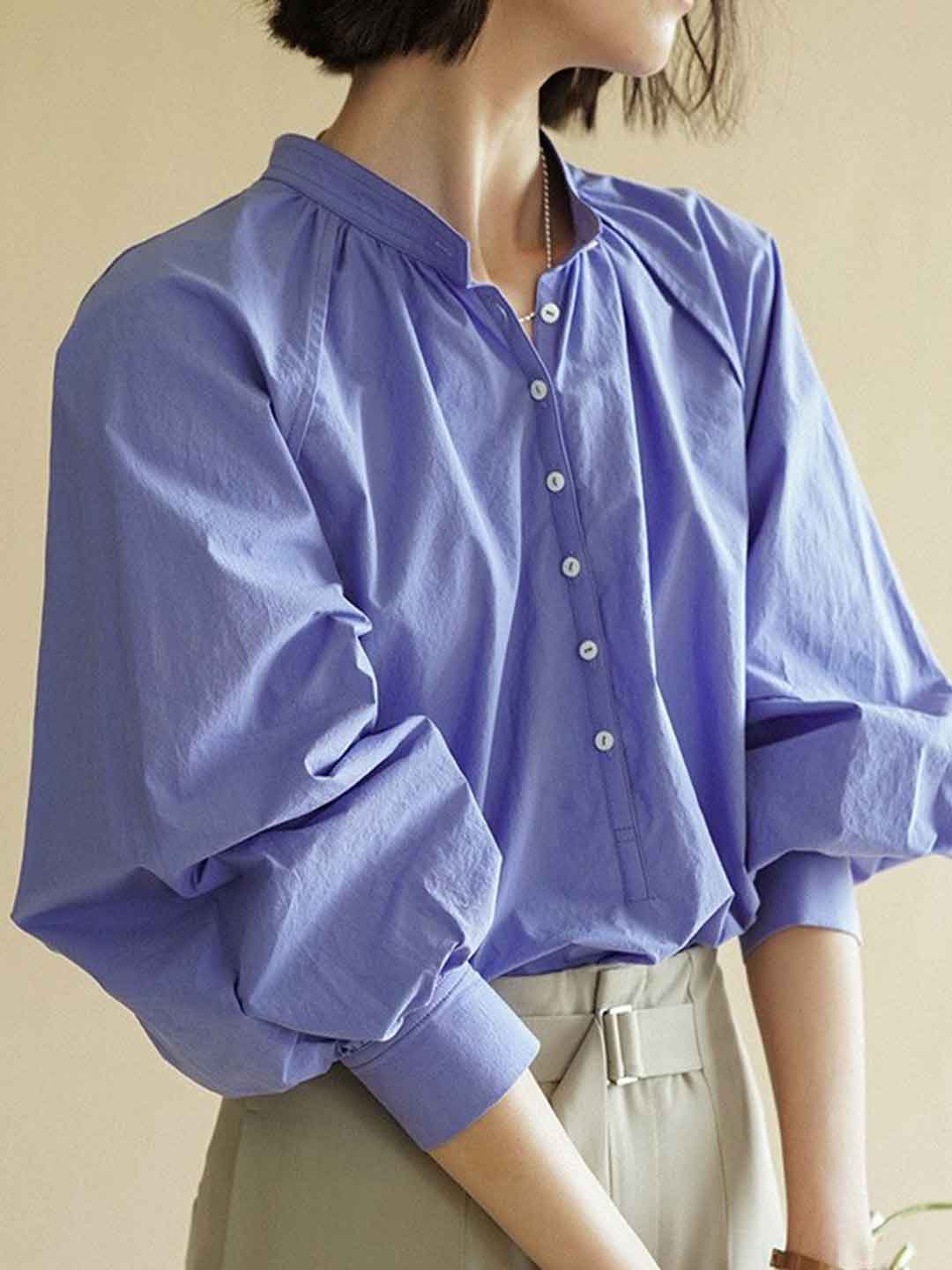 Natalie Retro Stand-up Collar Puff Sleeve Shirt
