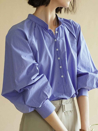 Natalie Retro Stand-up Collar Puff Sleeve Shirt