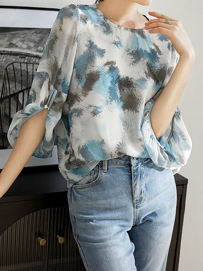 Natalie Casual Crew Neck Printed Top-Blue