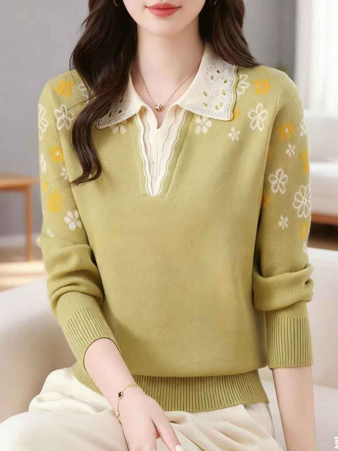 Jocelyn Casual Lapel Embroidered Knitted Top