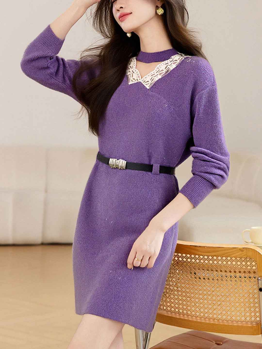 Brianna Vintage V-Neck Lace Patchwork Knitted Dress