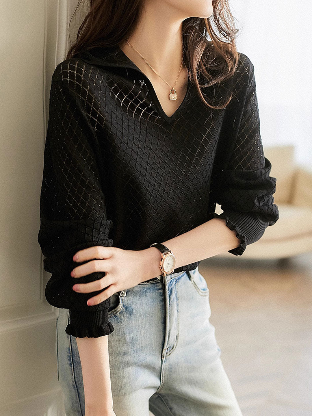 Ashley Classic V-Neck Hollow Solid Color Knitted Top