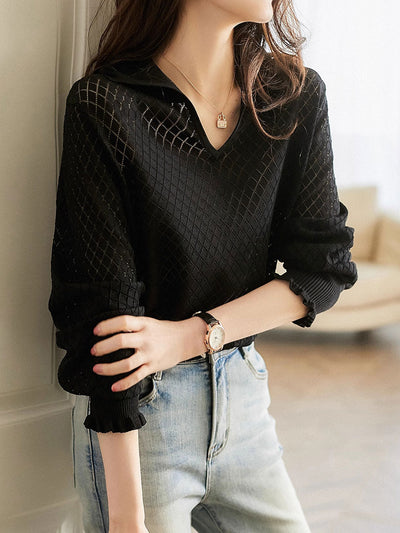 Ashley Classic V-Neck Hollow Solid Color Knitted Top
