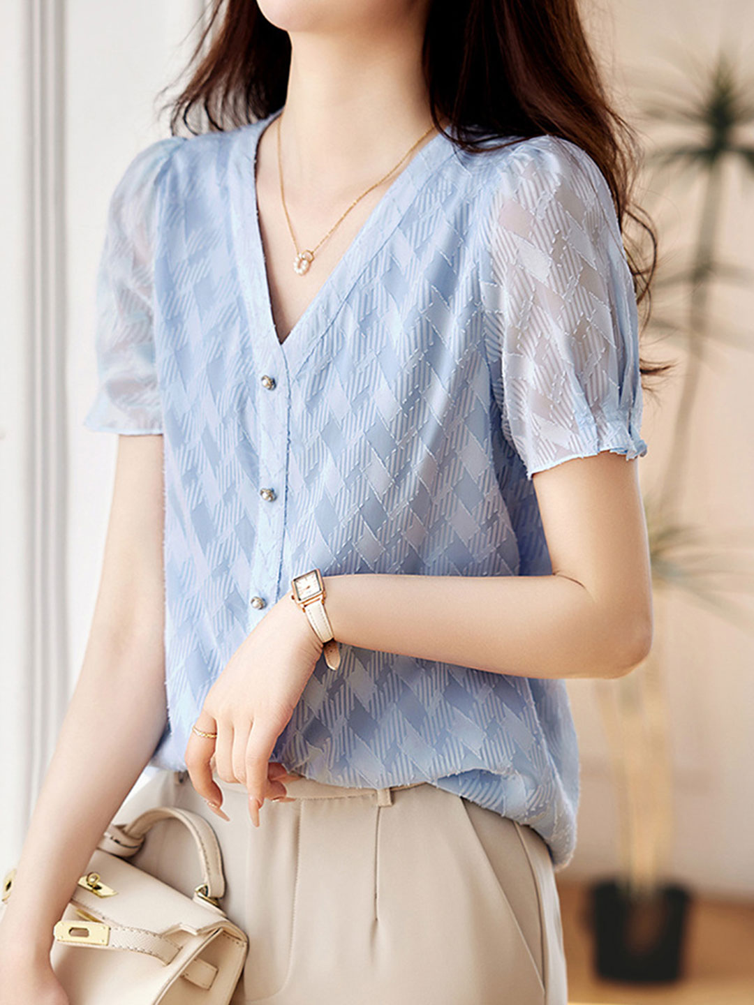 Hannah Classic V-Neck Loose Chiffon Top