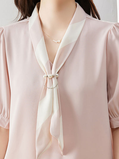 Mya Casual Loose Bow Satin Panelled Shirt-Apricot