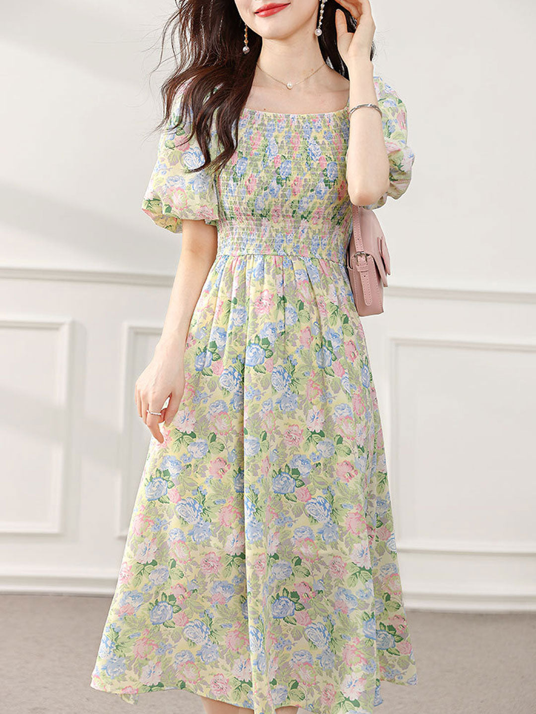 Sophia Retro Puff Sleeve Floral Dress-Pink