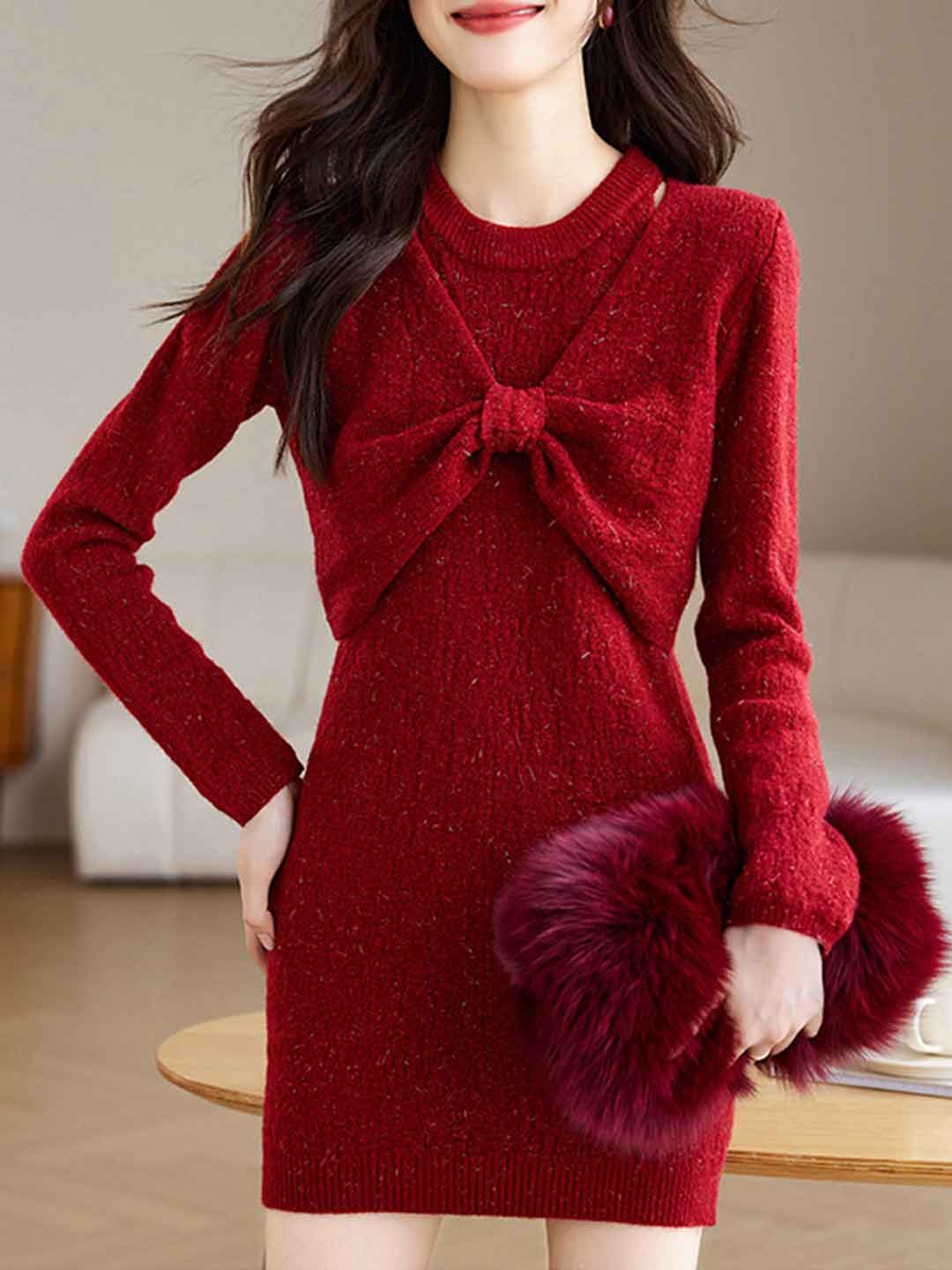 Ava Classic Crew Neck Bow Knitted Sweater Dress