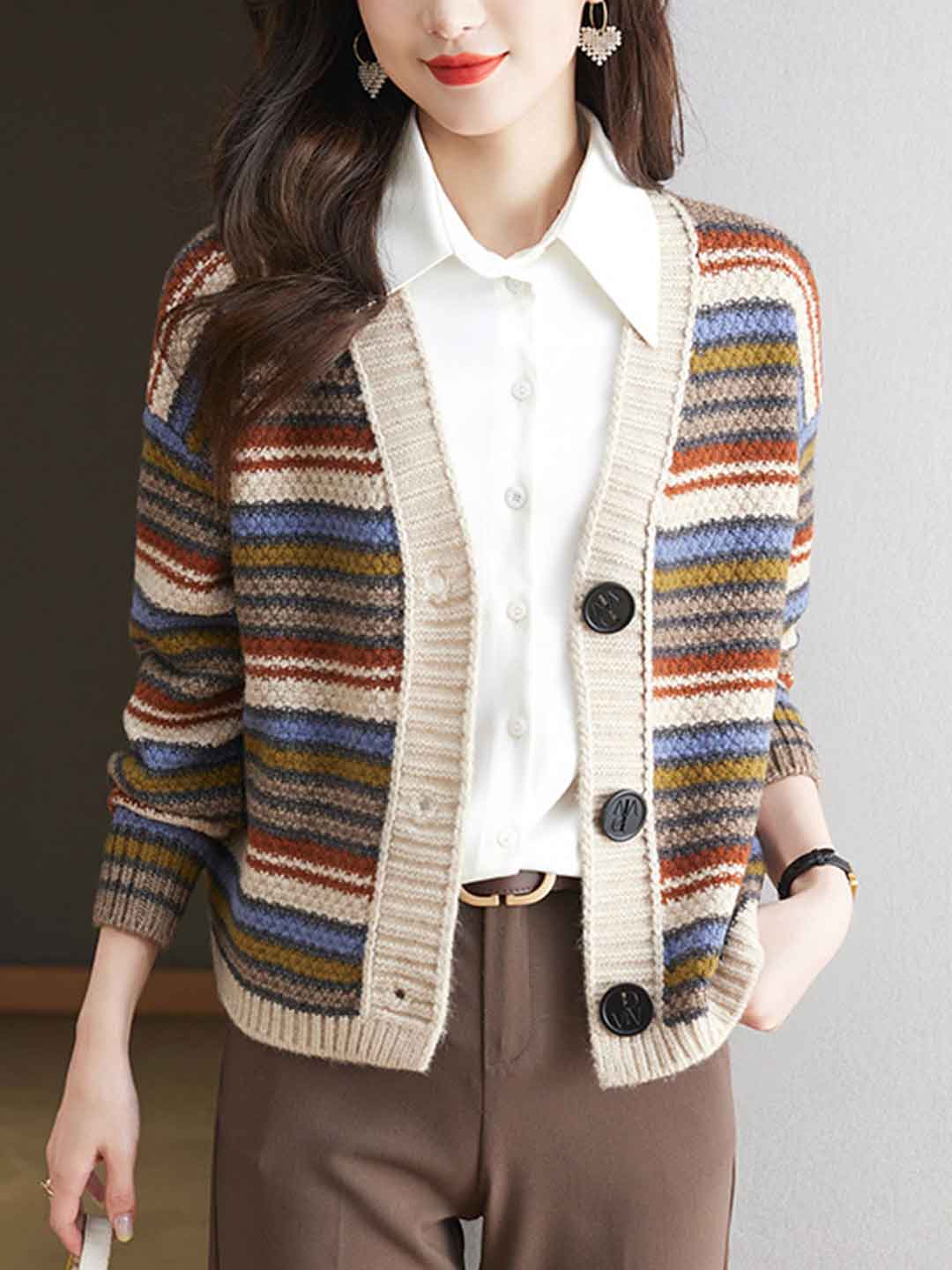 Sarah Classic V-Neck Striped Knitted Cardigan