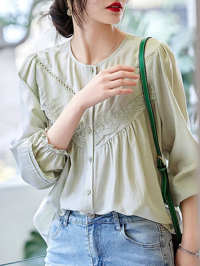 Ella Classic Crew Neck Puff Sleeve Lace Blouse