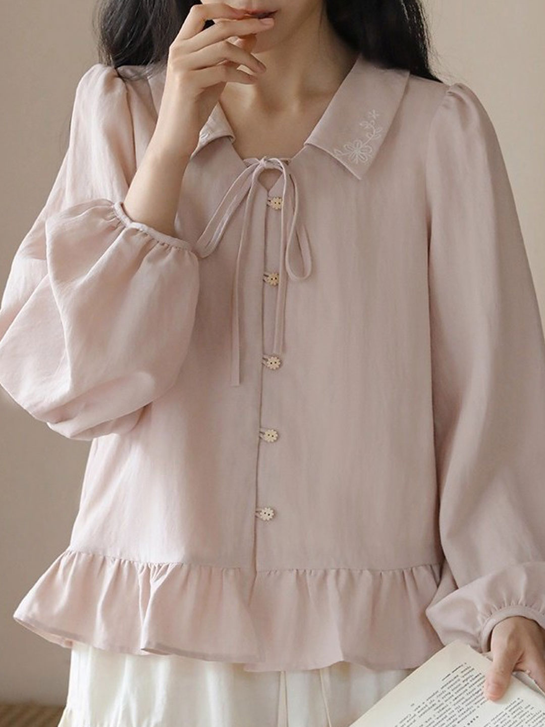 Sarah Loose Lapel Ruffle Embroidered Blouse