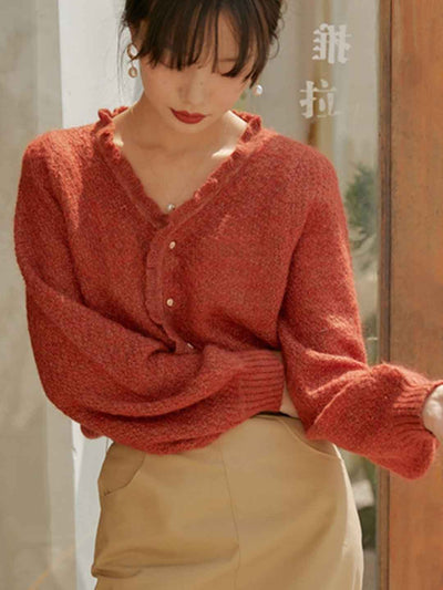 Grace Retro Auricular Collar Solid Color Knitted Cardigan