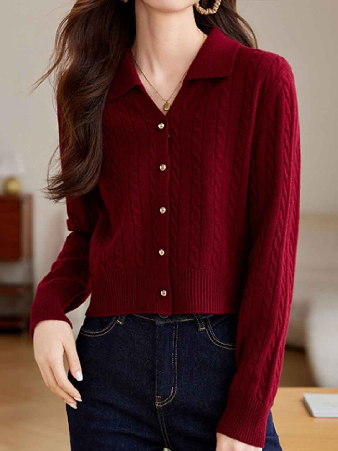 Maria Vintage Lapel Cable Knitted Sweater