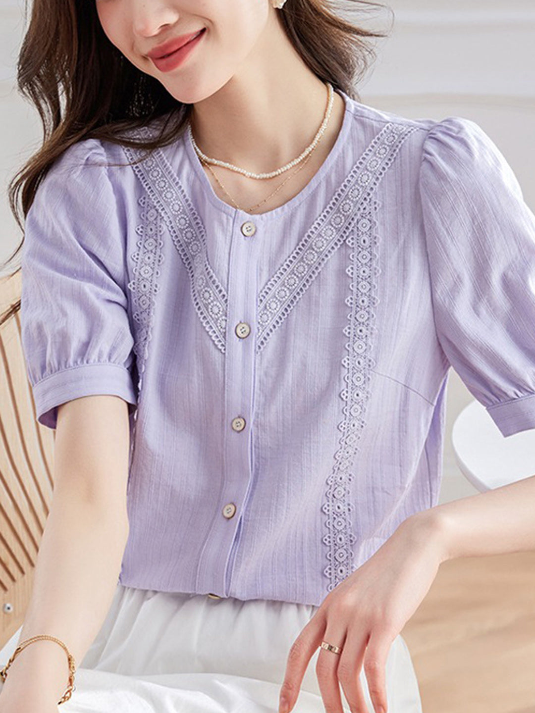 Julia Retro Spliced Puff Sleeve Blouse