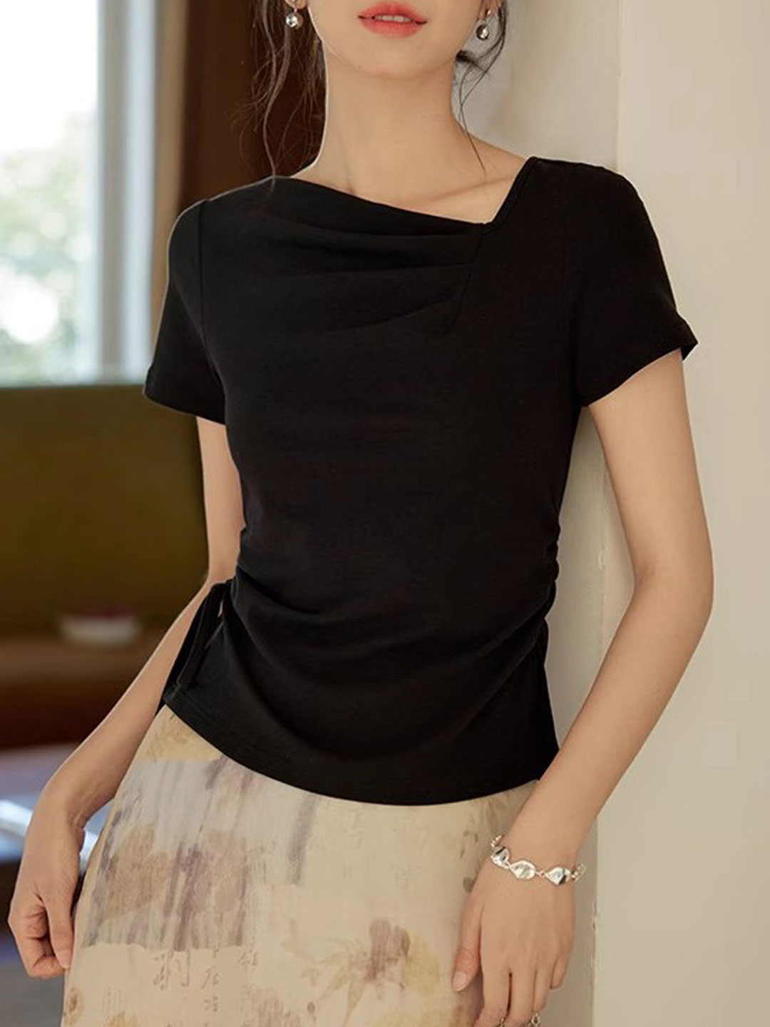 Vanessa Retro Solid Color Slant Collar Drawstring Top