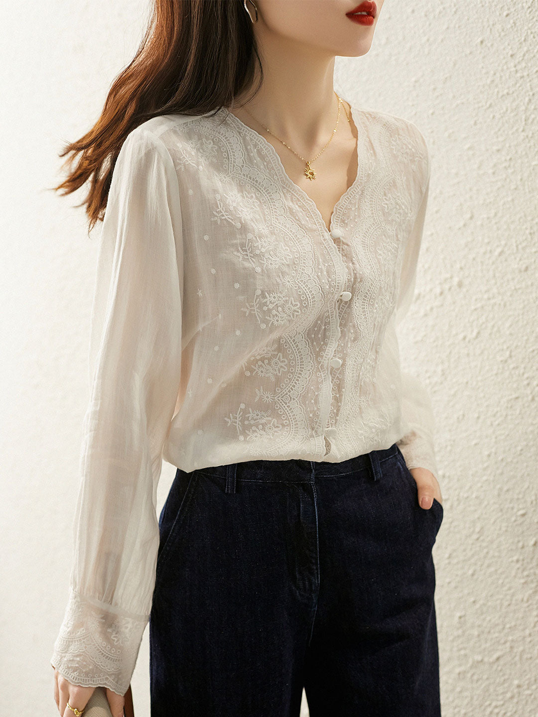 Samantha Elegant V-neck Lace Embroidered Top