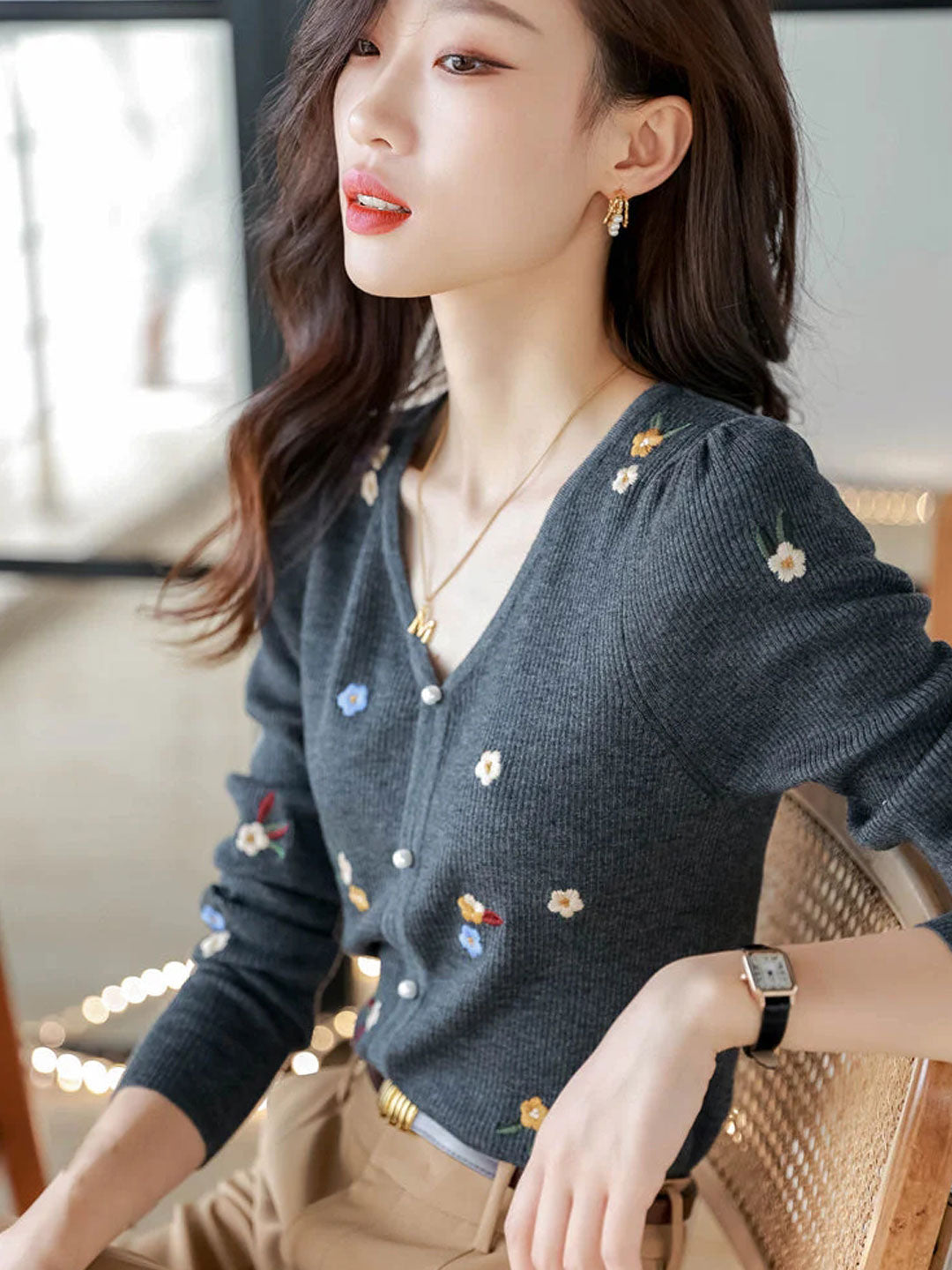 Alena Retro V-Neck Embroidered Sweater