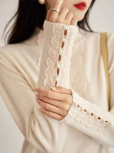 Olivia Retro Turtleneck Hollowed Lace Knitted Sweater