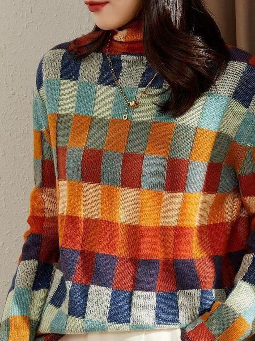 Caroline Loose Turtleneck Plaid Knitted Sweater