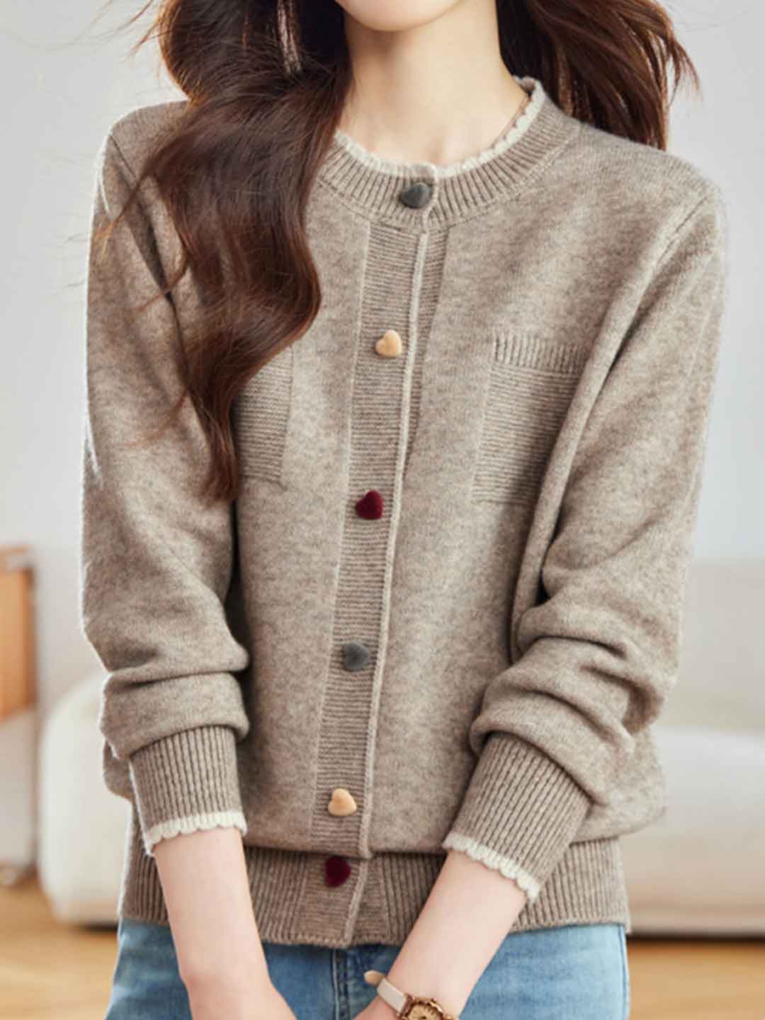 Hailey Daily Crew Neck Colorful Buttons Knitted Cardigan