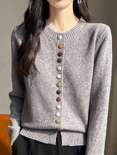 Sophia Classic Crew Neck Colorful Button Knitted Cardigan-Apricot