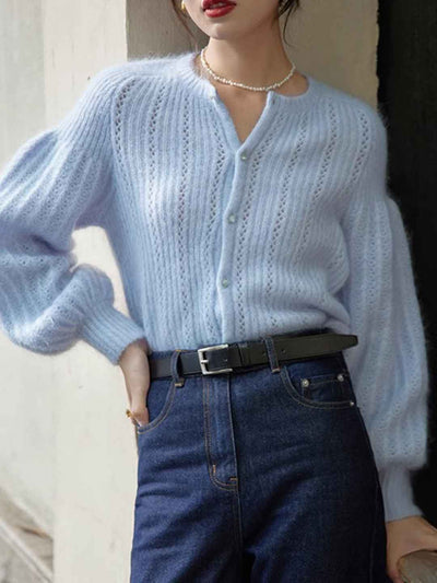 Sarah Classic Crew Neck Lantern Sleeve Solid Color Knitted Cardigan