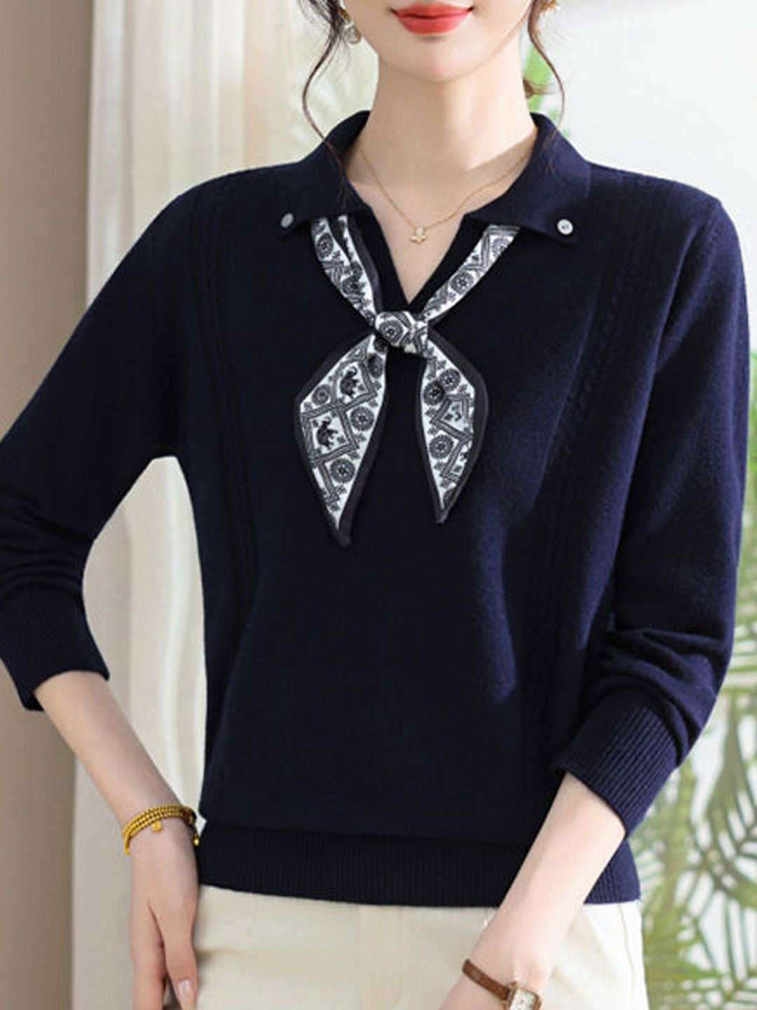 Grace Loose Lapel Scarf Pullover Knitted Top