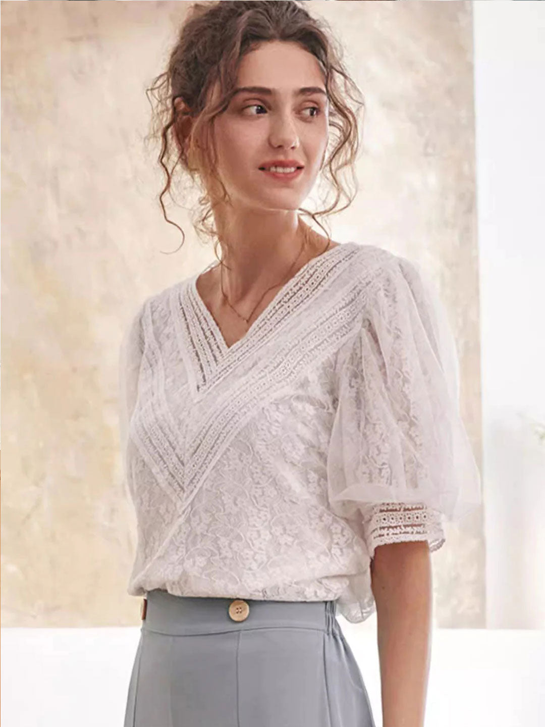 Brianna Retro Lace Puff Sleeve Chiffon Blouse