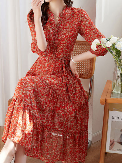 Alexis Vintage Ruffle Floral Chiffon Maxi Dress