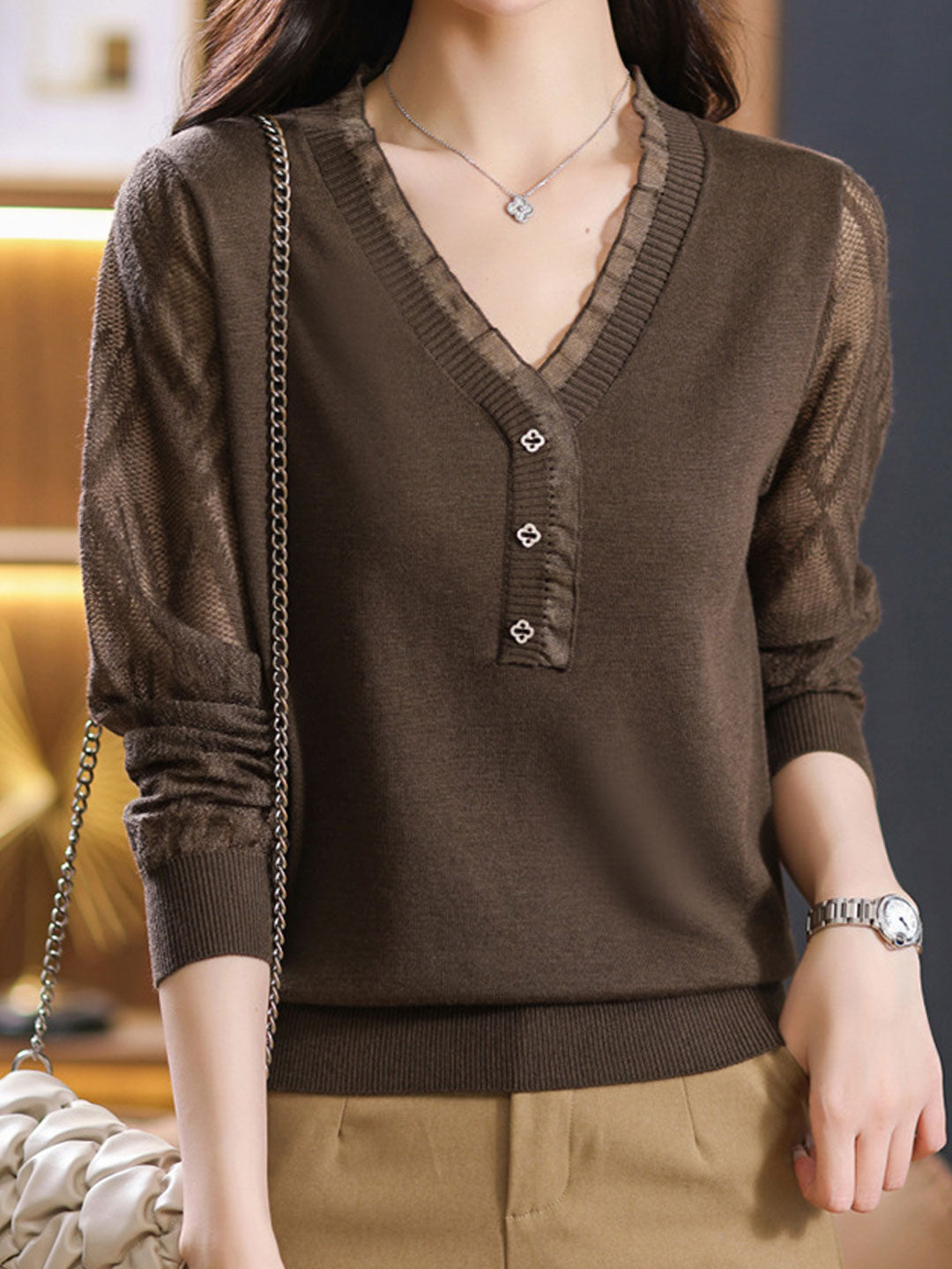 Julia Retro V-Neck Lace Trimmed Knitted Top