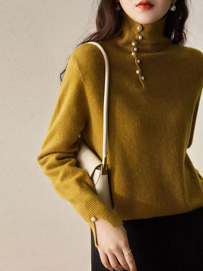 Ava Vintage Buttoned Turtleneck Knitted Sweater-Yellow