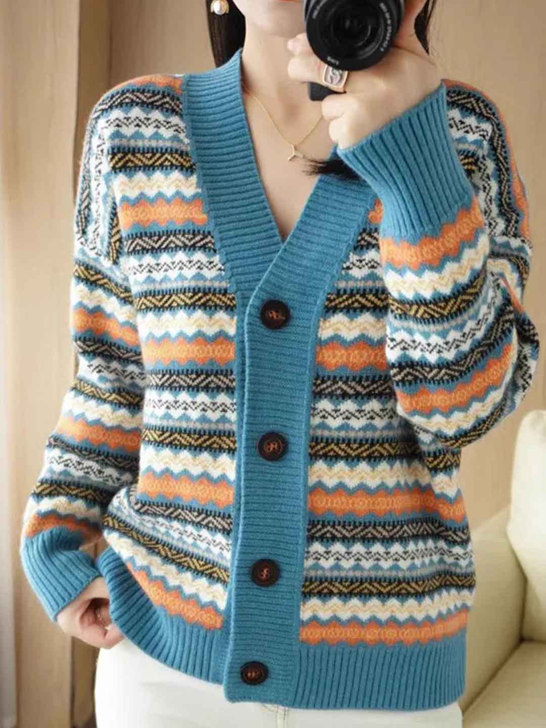 Jessica Loose V-Neck Striped Knitted Cardigan