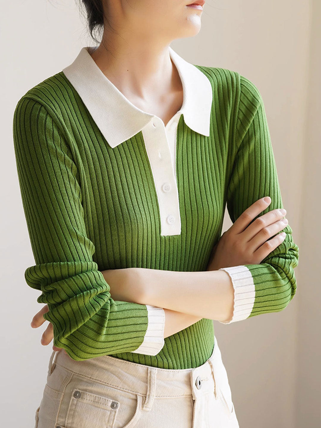 Jessica Retro Contrast Color Slim Knitted Sweater-Green