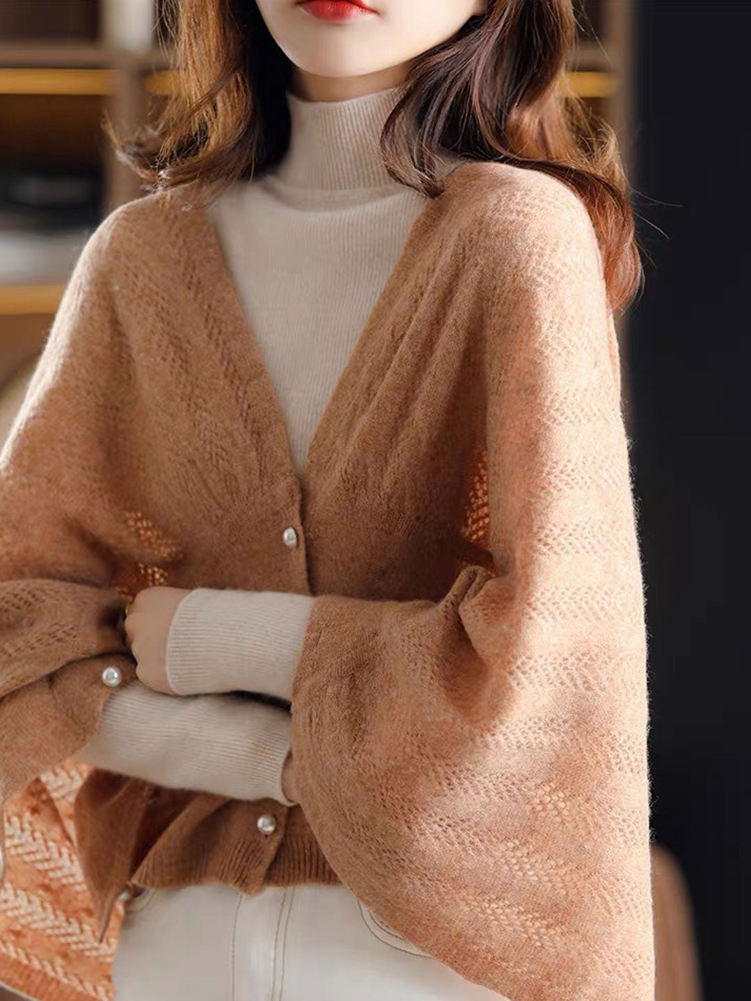 Taylor Hollowed Knitted Scarf Cape Sweater-Camel