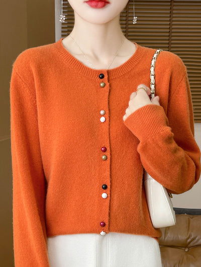 Mya Loose Crew Neck Solid Color Knitted Cardigan-Red