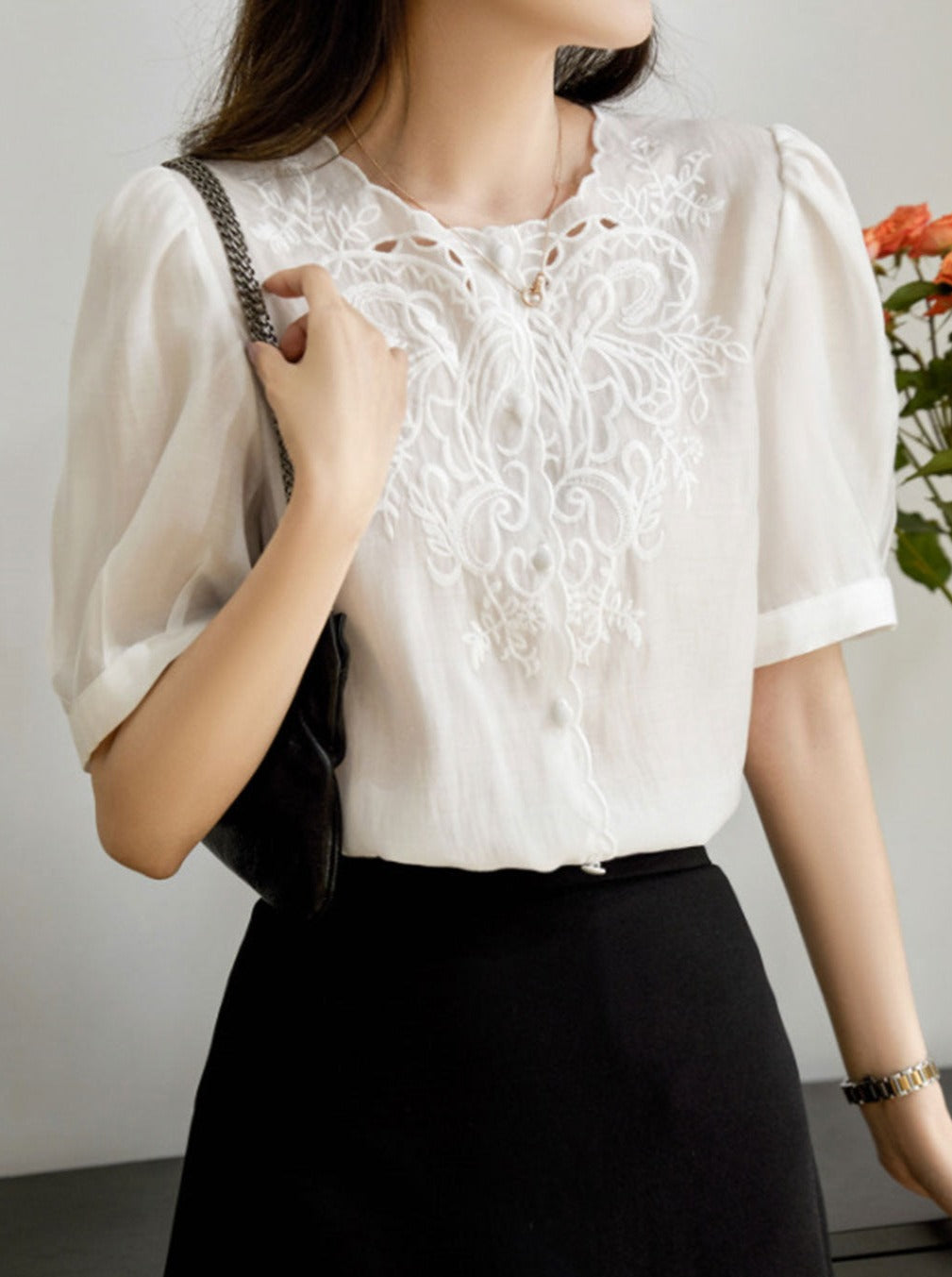 Trinity Retro Embroidered Hollowed Shirt-White