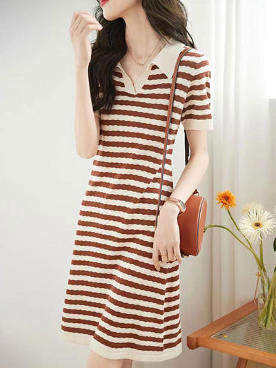 Alyssa Casual Striped Lapel Knitted Dress