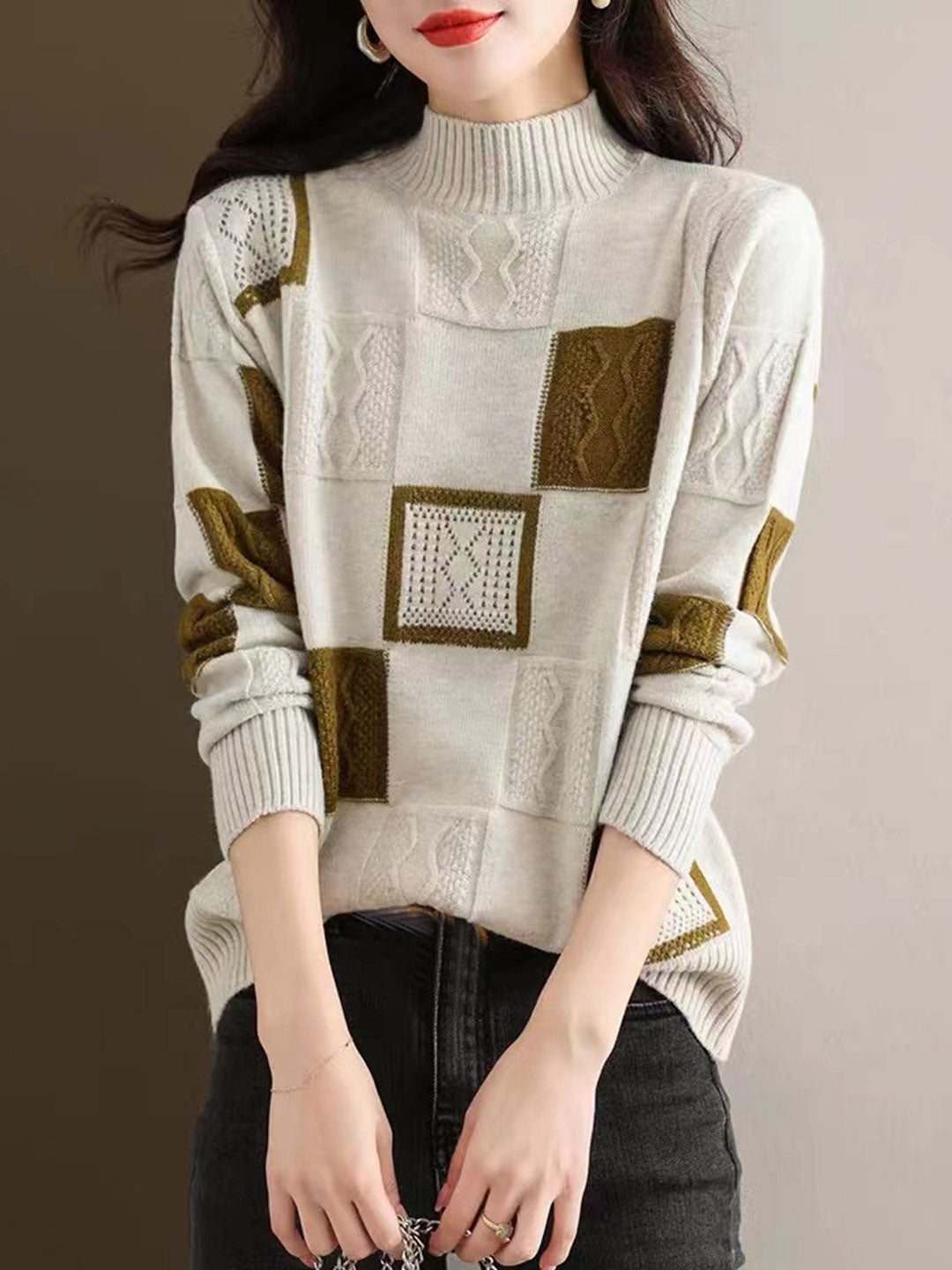 Lily Classic Turtleneck Contrast Knitted Sweater