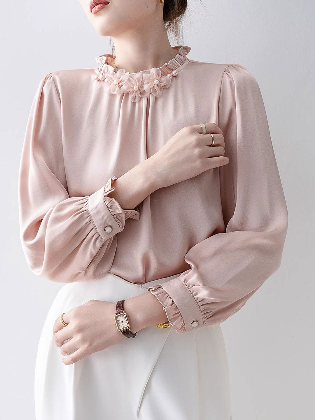 Jocelyn Classic Stand Collar Auricular Chiffon Top